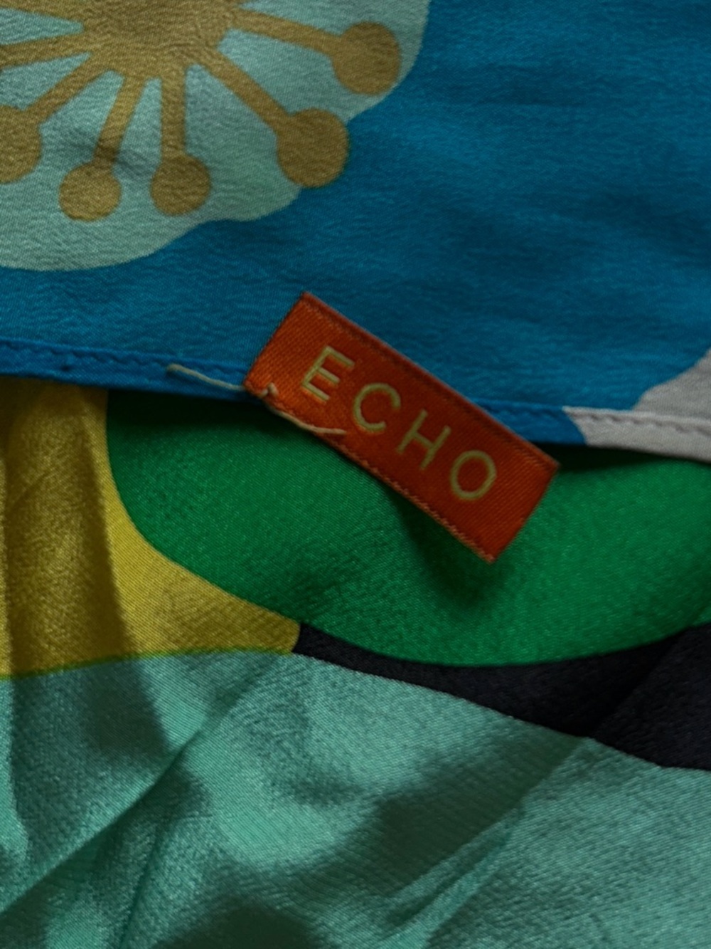 Echo Colorblock Floral Silk Scarf in Blue, Green & Yellow 10“ x 52“ - Picture 9 of 9